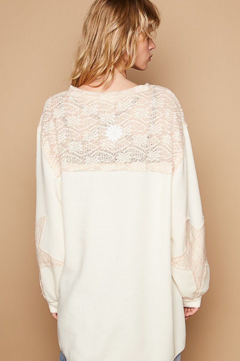 POL Round Neck Long Sleeve Crochet Patches Top - Top - Cream/Beige - Bella Bourget