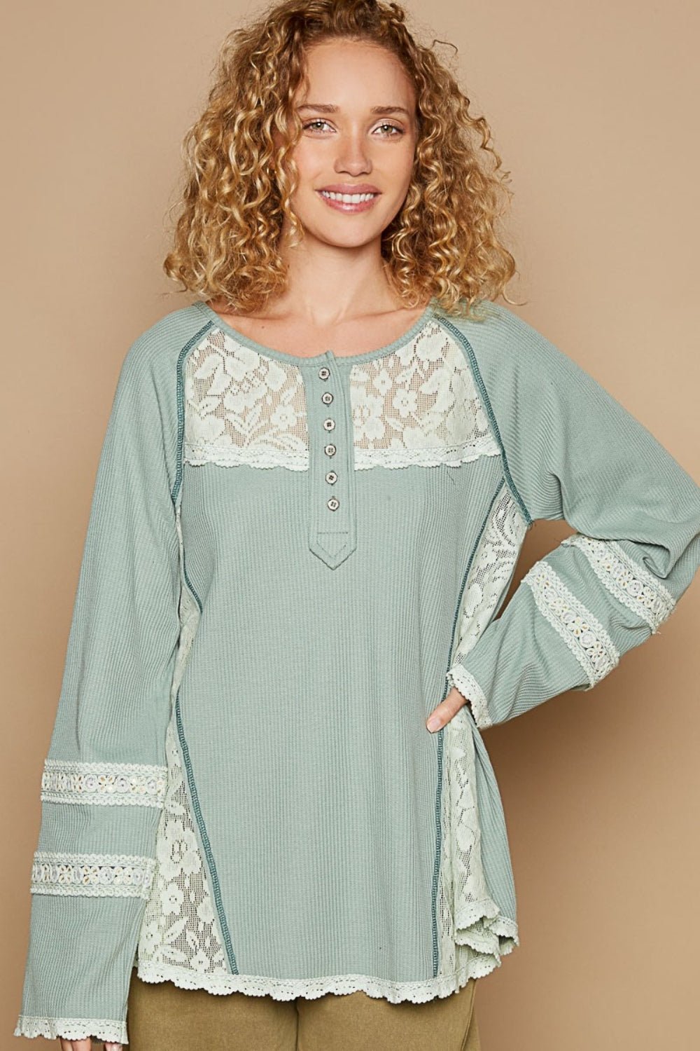 POL Round Neck Long Sleeve Lace Trim Thermal Top - Top - Forest Green - Bella Bourget