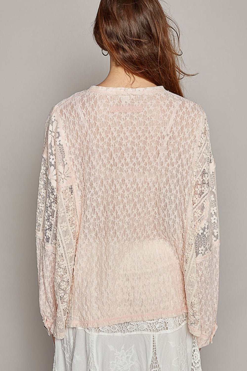 POL Round Neck Long Sleeve Raw Edge Lace Top - Top - Blush - Bella Bourget