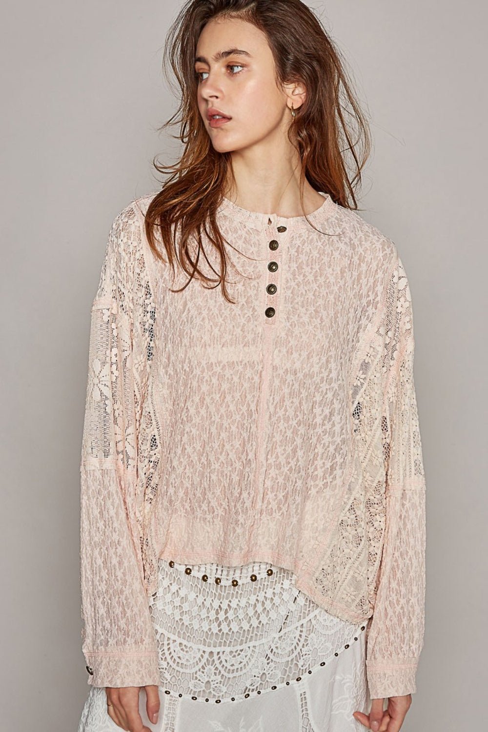 POL Round Neck Long Sleeve Raw Edge Lace Top - Top - Blush - Bella Bourget