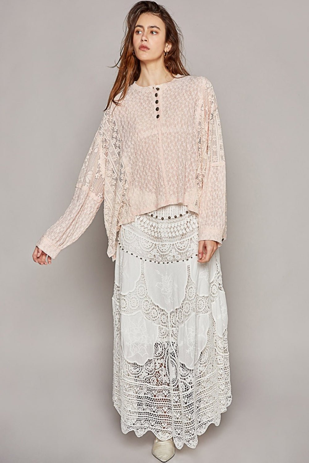 POL Round Neck Long Sleeve Raw Edge Lace Top - Top - Blush - Bella Bourget