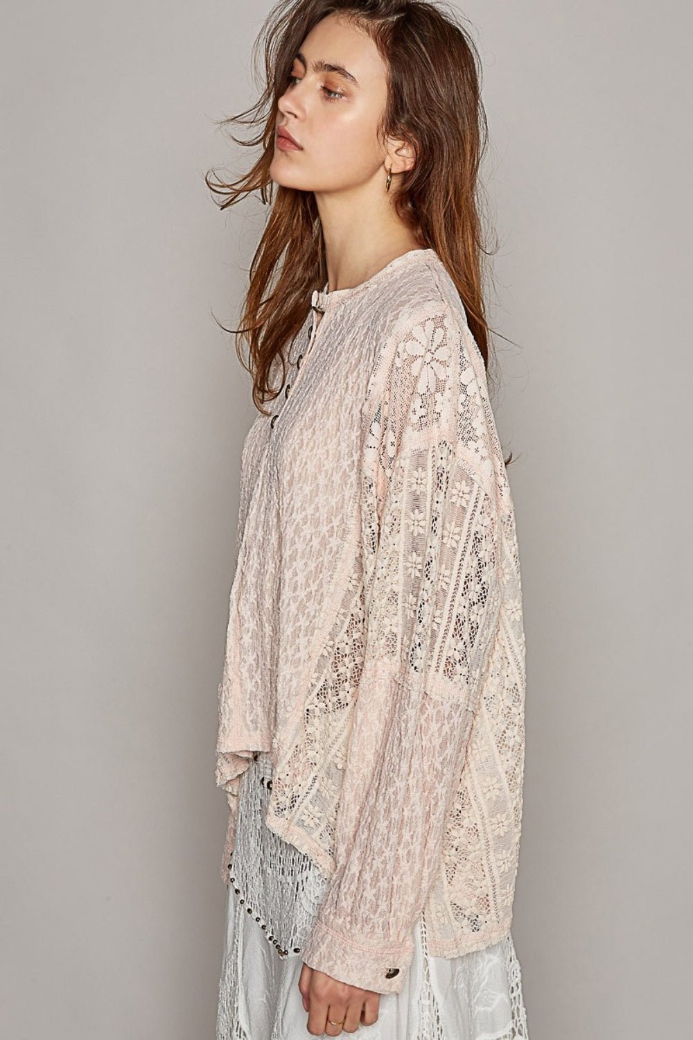 POL Round Neck Long Sleeve Raw Edge Lace Top - Top - Blush - Bella Bourget