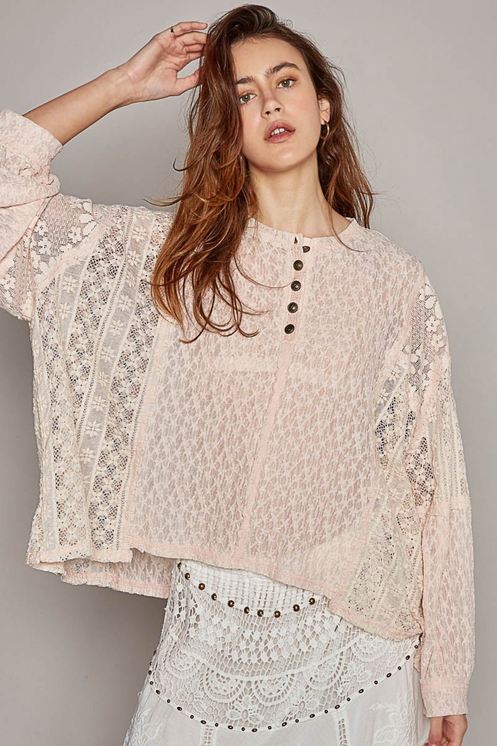 POL Round Neck Long Sleeve Raw Edge Lace Top - Top - Blush - Bella Bourget