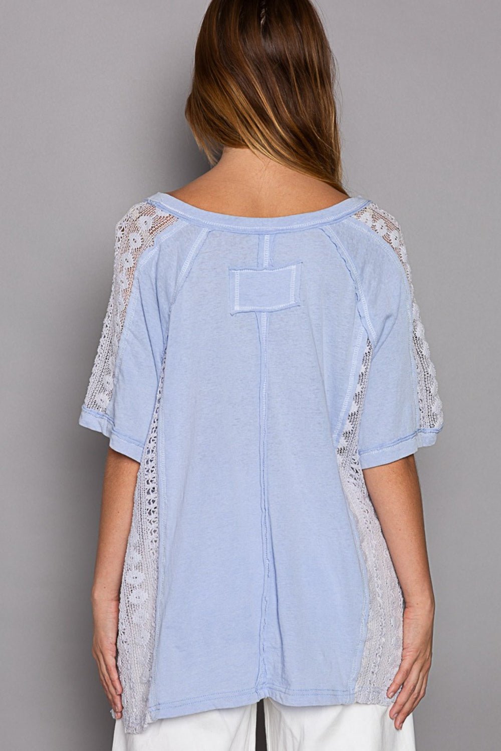 POL Short Sleeve Lace Crochet Panel Top - Top - Pale Blue - Bella Bourget