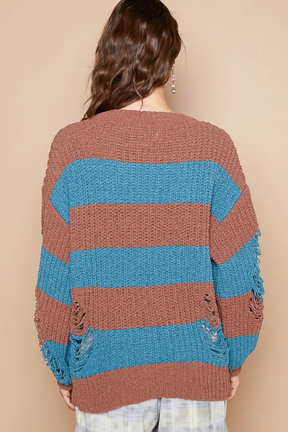 POL Striped Distressed Long Sleeve Sweater - Sweater - Choco/Teal - Bella Bourget