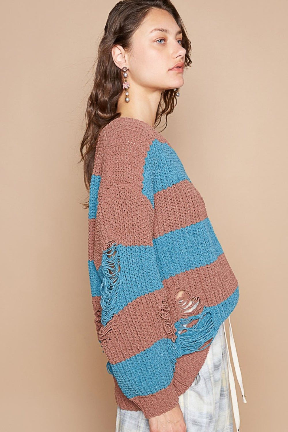 POL Striped Distressed Long Sleeve Sweater - Sweater - Choco/Teal - Bella Bourget