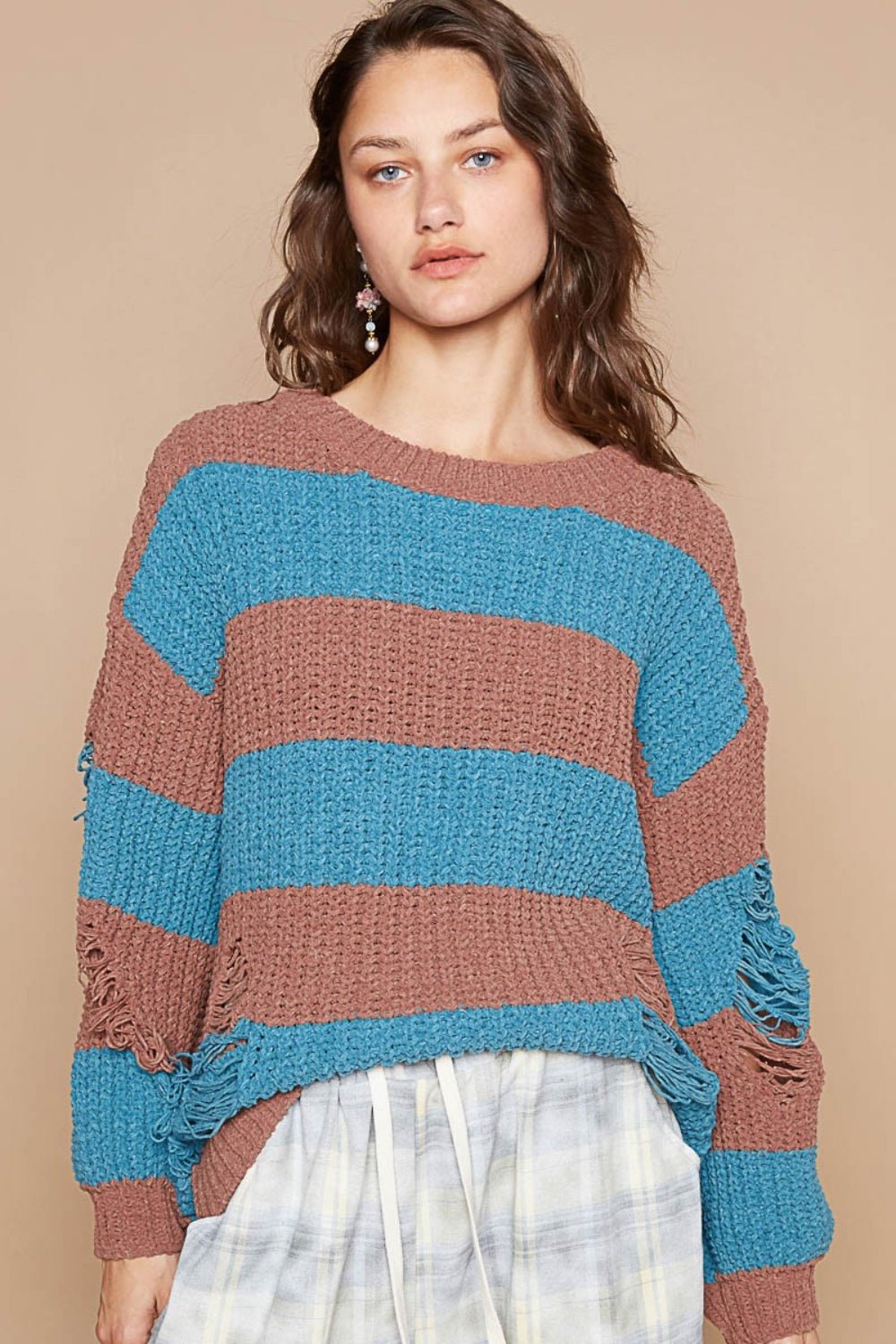 POL Striped Distressed Long Sleeve Sweater - Sweater - Choco/Teal - Bella Bourget