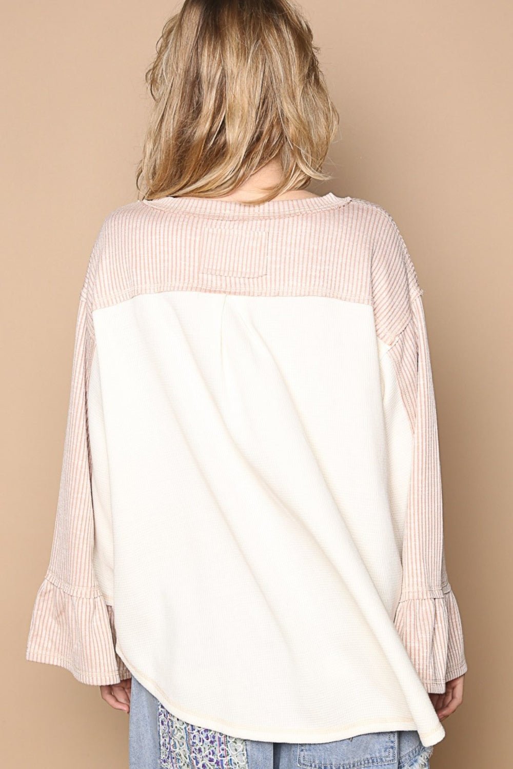 POL Striped Flounce Sleeve Exposed Seam Top - Top - Cream/Pink - Bella Bourget