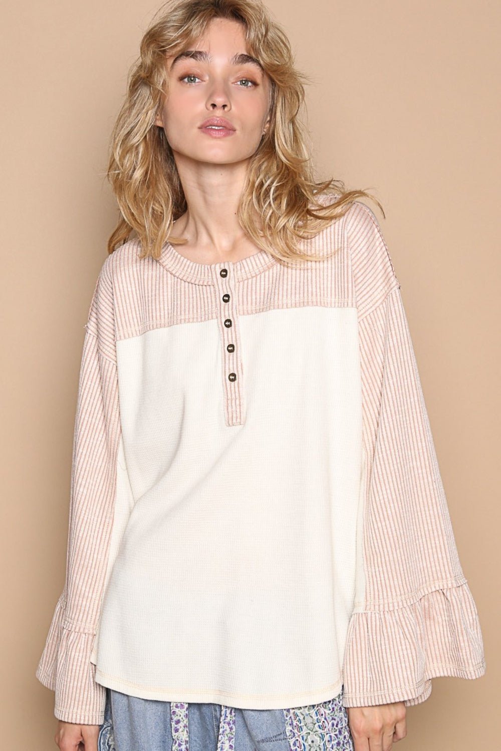 POL Striped Flounce Sleeve Exposed Seam Top - Top - Cream/Pink - Bella Bourget