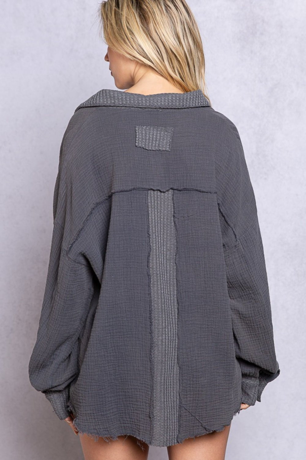 POL Texture Half Button Long Sleeve Top - Top - Navy Charcoal - Bella Bourget