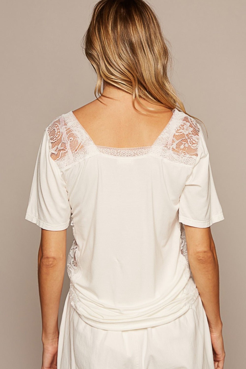 POL V - Neck Short Sleeve Lace Trim Top - Top - Off White - Bella Bourget