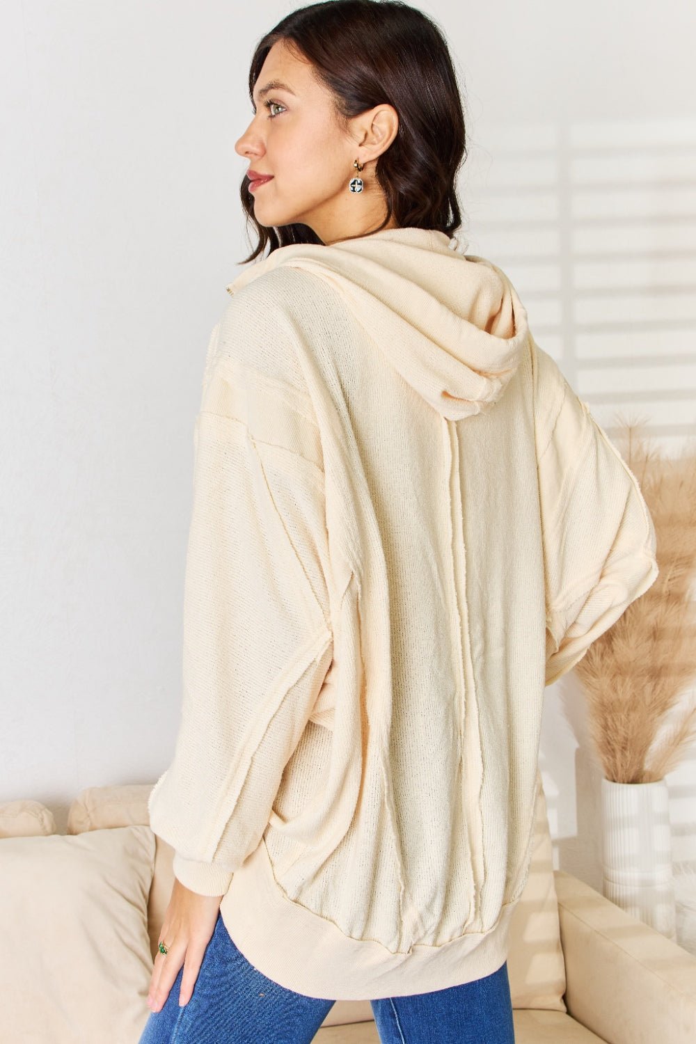 POL Zip Up High - Low Hem Hoodie - Hoodie - POWDERALMOND - Bella Bourget