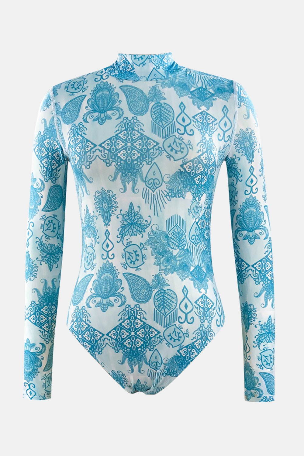 Printed Mock Neck Long Sleeve One - Piece Swimwear - One - Piece Swimsuit - Pastel Blue - Bella Bourget