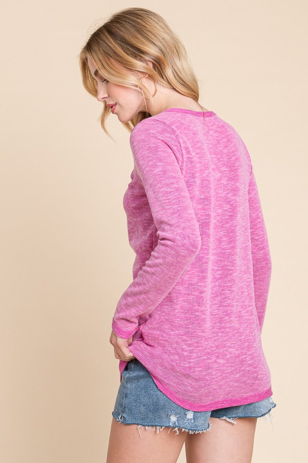 Reborn J Contrast Trim Half Button Long Sleeve T - Shirt - Top - MAGENTA - Bella Bourget