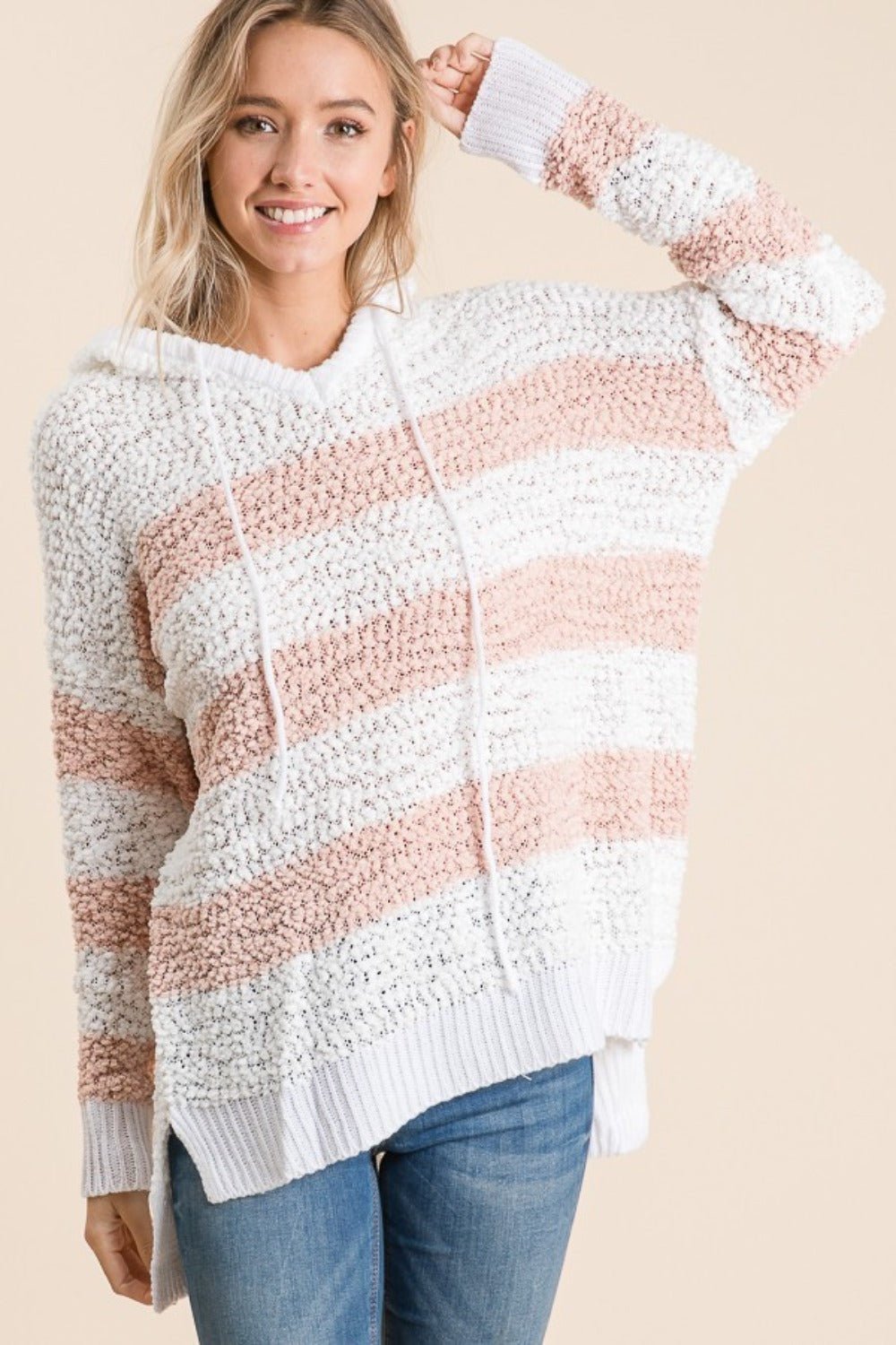 Reborn J Full Size High - Low Striped Popcorn Hoodie Sweater - Sweater - Blush - Bella Bourget