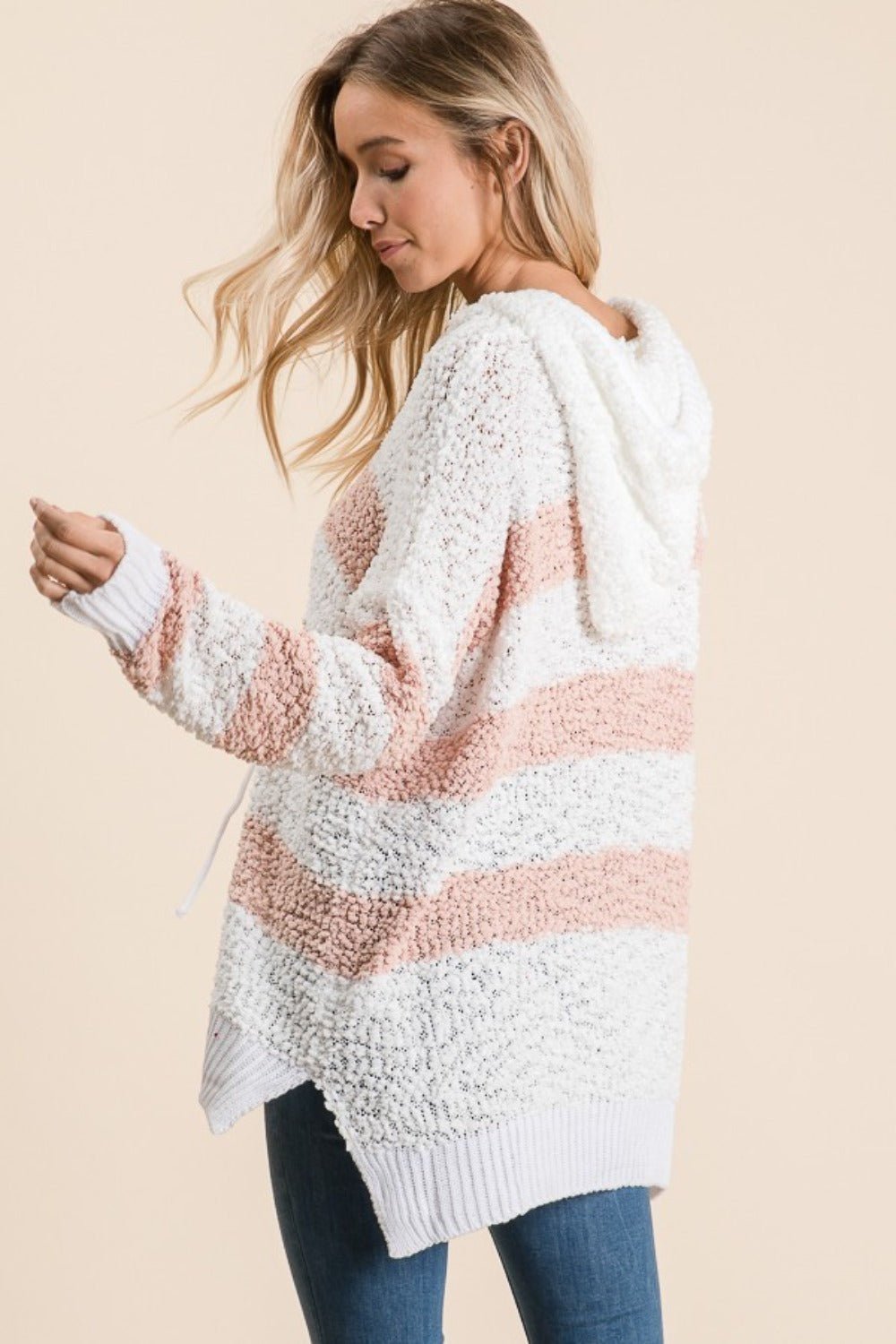 Reborn J Full Size High - Low Striped Popcorn Hoodie Sweater - Sweater - Blush - Bella Bourget