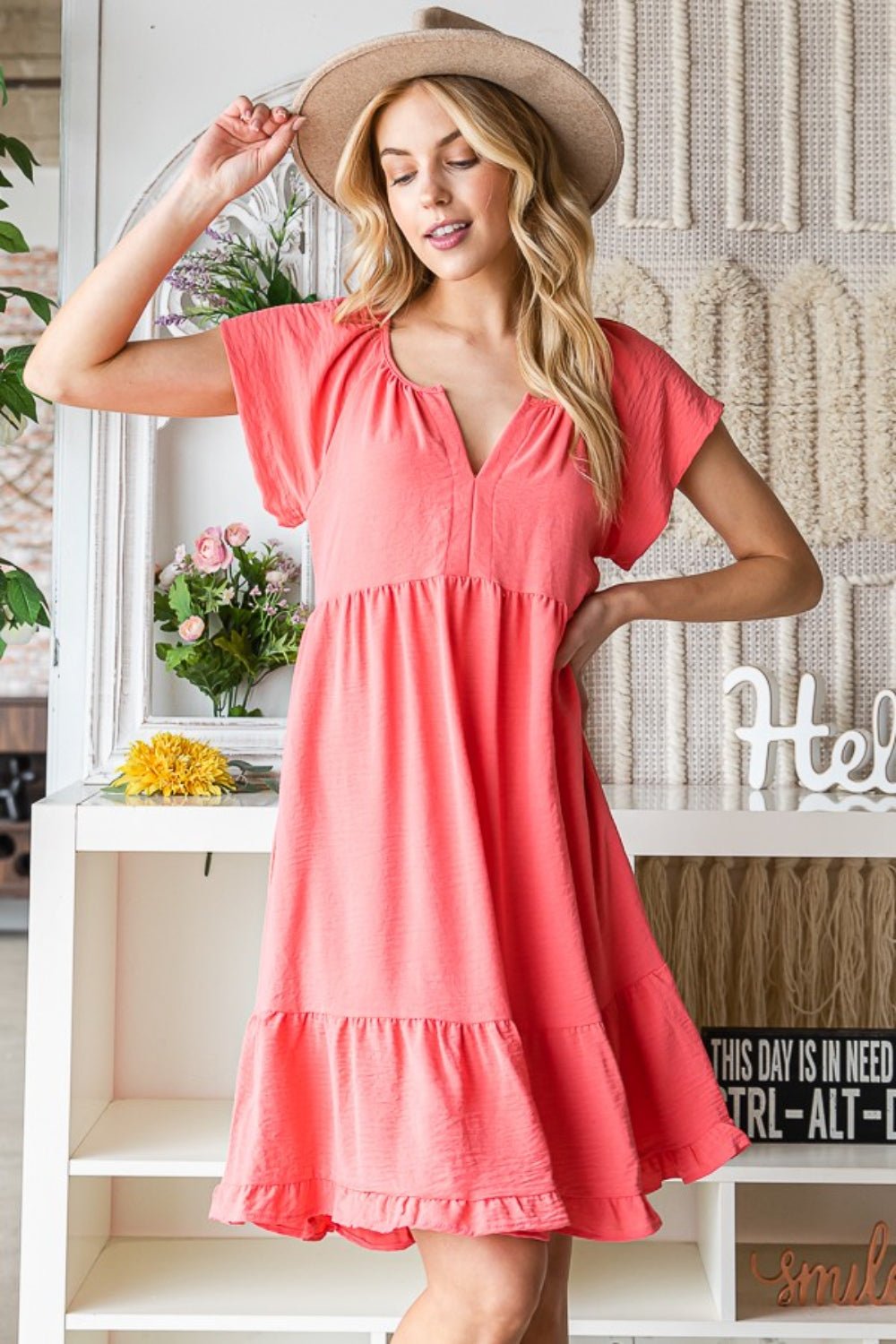 Reborn J Ruffled Notched Cap Sleeve Dress - Day Dress - Coral - Bella Bourget