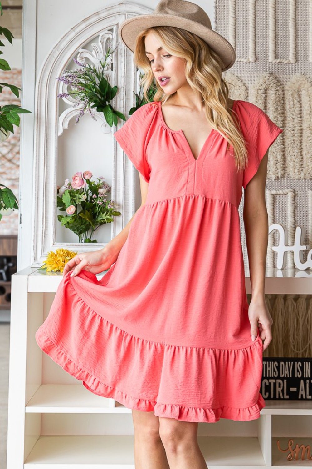 Reborn J Ruffled Notched Cap Sleeve Dress - Day Dress - Coral - Bella Bourget