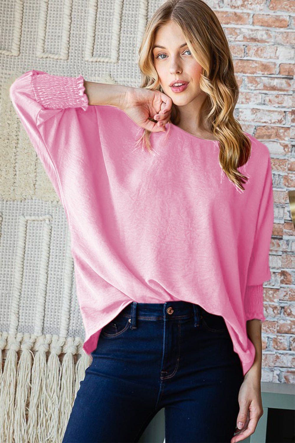 Reborn J Texture Round Neck Smocked Half Sleeve Top - blouse - PINK - Bella Bourget