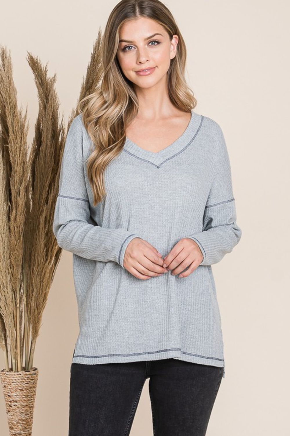 Reborn J V Neck Long Sleeve Top - Top - Heather Grey - Bella Bourget