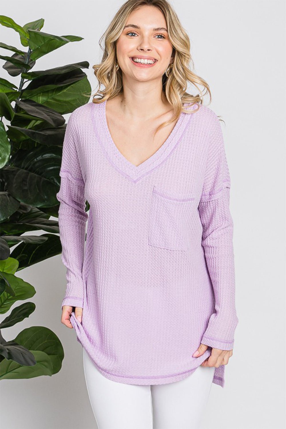 Reborn J Waffle Knit V - Neck Long Sleeve T - Shirt - Top - LILAC - Bella Bourget