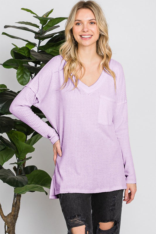 Reborn J Waffle Knit V - Neck Long Sleeve T - Shirt - Top - LILAC - Bella Bourget