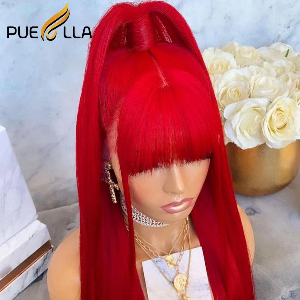 Red 13X4 Lace Frontal Wig with Bangs Brazilian Straight Lace Front Human Hair Wigs for Women 13X6 Lace Front Wig Human Hair - Red Color - Bella Bourget