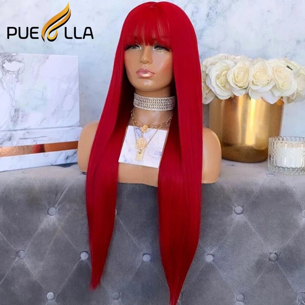 Red 13X4 Lace Frontal Wig with Bangs Brazilian Straight Lace Front Human Hair Wigs for Women 13X6 Lace Front Wig Human Hair - Red Color - Bella Bourget