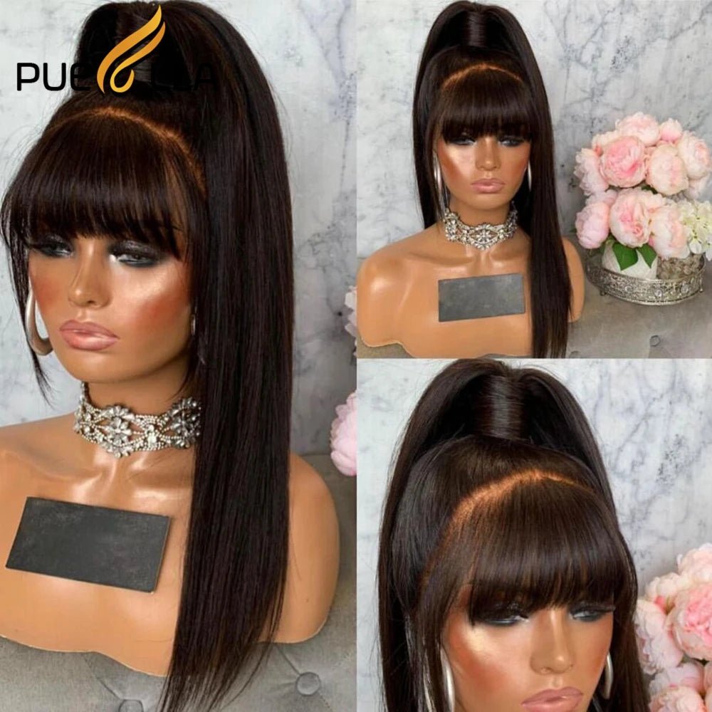 Red 13X4 Lace Frontal Wig with Bangs Brazilian Straight Lace Front Human Hair Wigs for Women 13X6 Lace Front Wig Human Hair - Natural Color - Bella Bourget