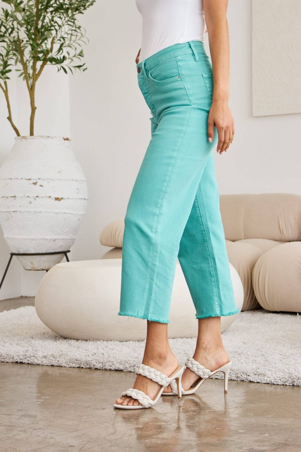 RFM Crop Chloe Full Size Tummy Control High Waist Raw Hem Jeans - Full Size Pants - Island Green - Bella Bourget