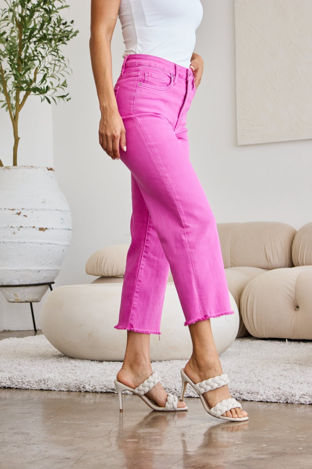 RFM Crop Chloe Full Size Tummy Control High Waist Raw Hem Jeans - Full Size Pants - Pink Rouge - Bella Bourget