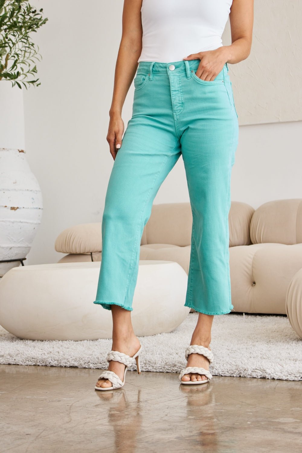 RFM Crop Chloe Full Size Tummy Control High Waist Raw Hem Jeans - Full Size Pants - Island Green - Bella Bourget