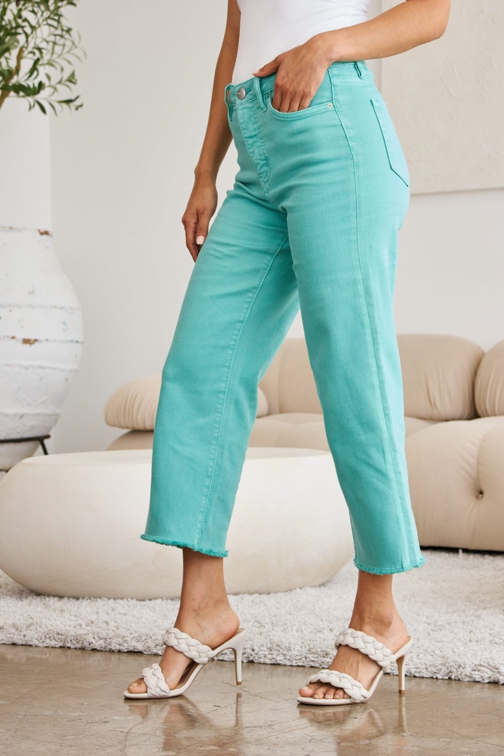 RFM Crop Chloe Full Size Tummy Control High Waist Raw Hem Jeans - Full Size Pants - Island Green - Bella Bourget