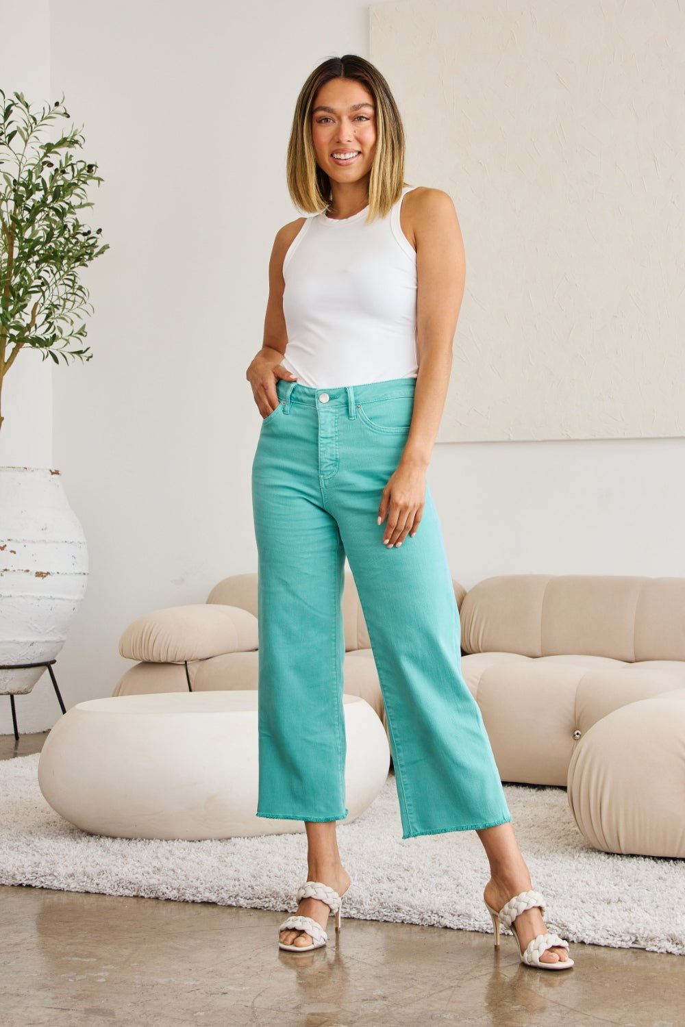 RFM Crop Chloe Full Size Tummy Control High Waist Raw Hem Jeans - Full Size Pants - Island Green - Bella Bourget