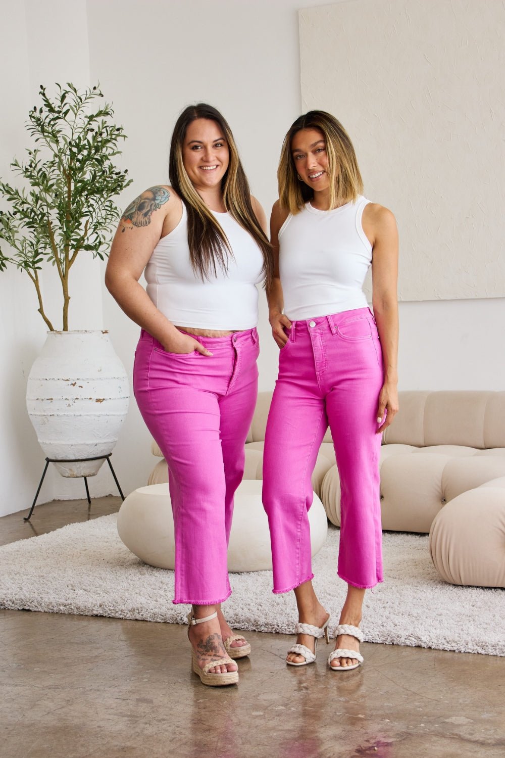 RFM Crop Chloe Full Size Tummy Control High Waist Raw Hem Jeans - Full Size Pants - Pink Rouge - Bella Bourget