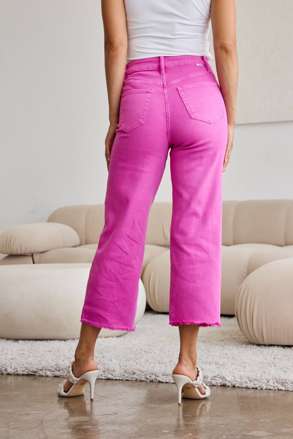 RFM Crop Chloe Full Size Tummy Control High Waist Raw Hem Jeans - Full Size Pants - Pink Rouge - Bella Bourget