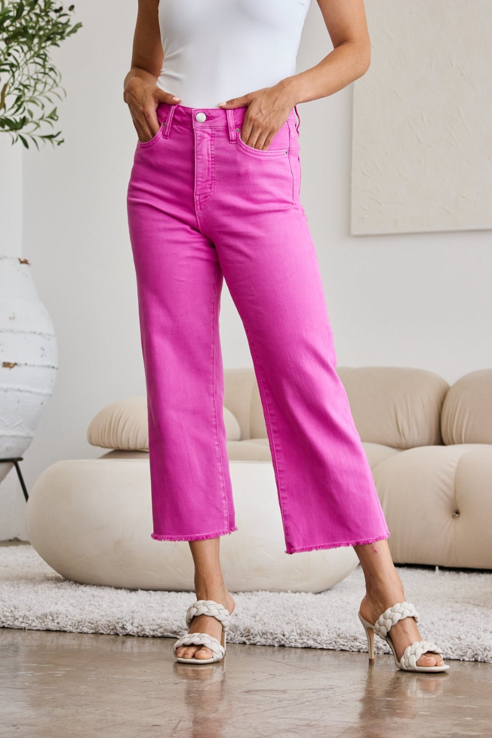 RFM Crop Chloe Full Size Tummy Control High Waist Raw Hem Jeans - Full Size Pants - Pink Rouge - Bella Bourget