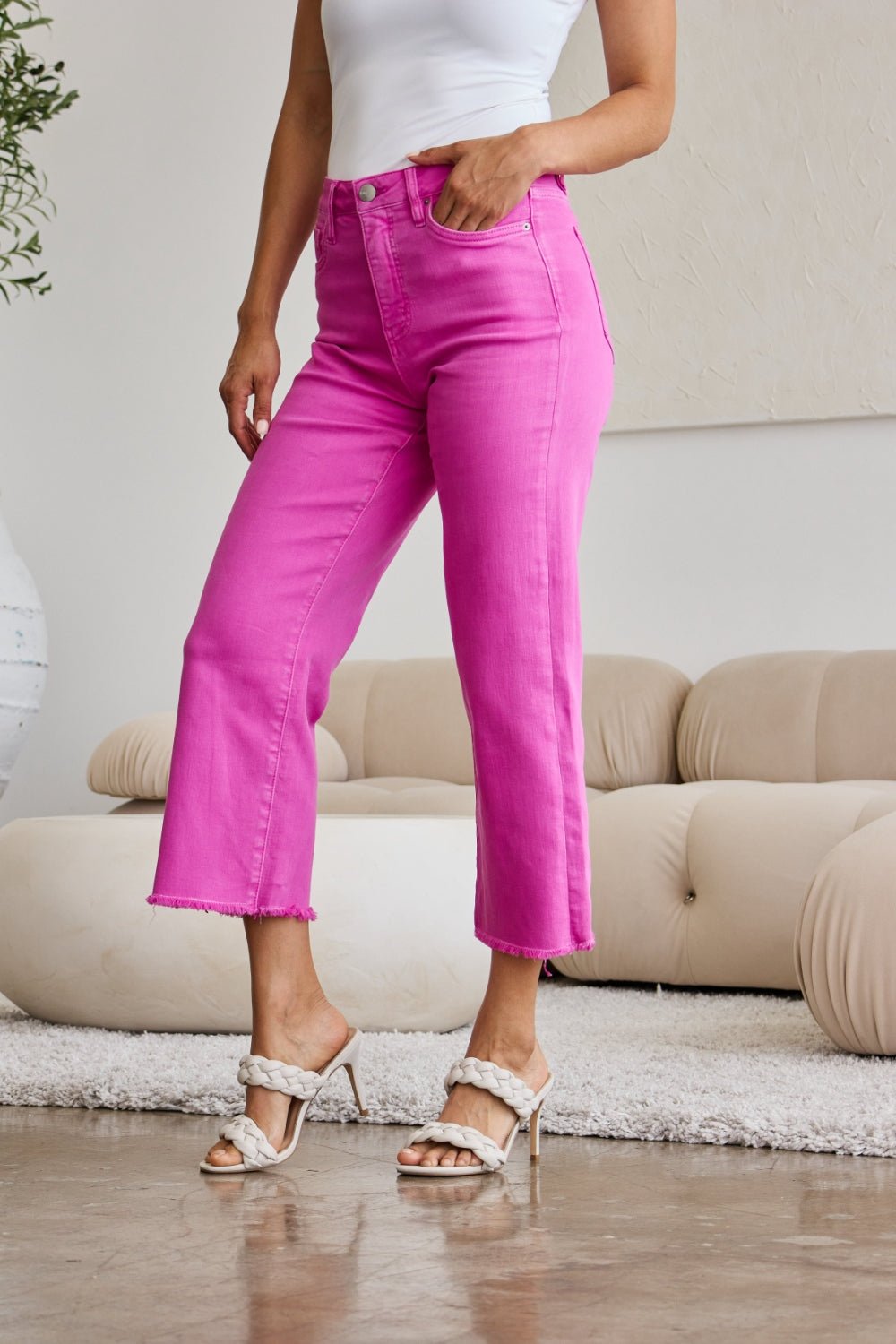 RFM Crop Chloe Full Size Tummy Control High Waist Raw Hem Jeans - Full Size Pants - Pink Rouge - Bella Bourget