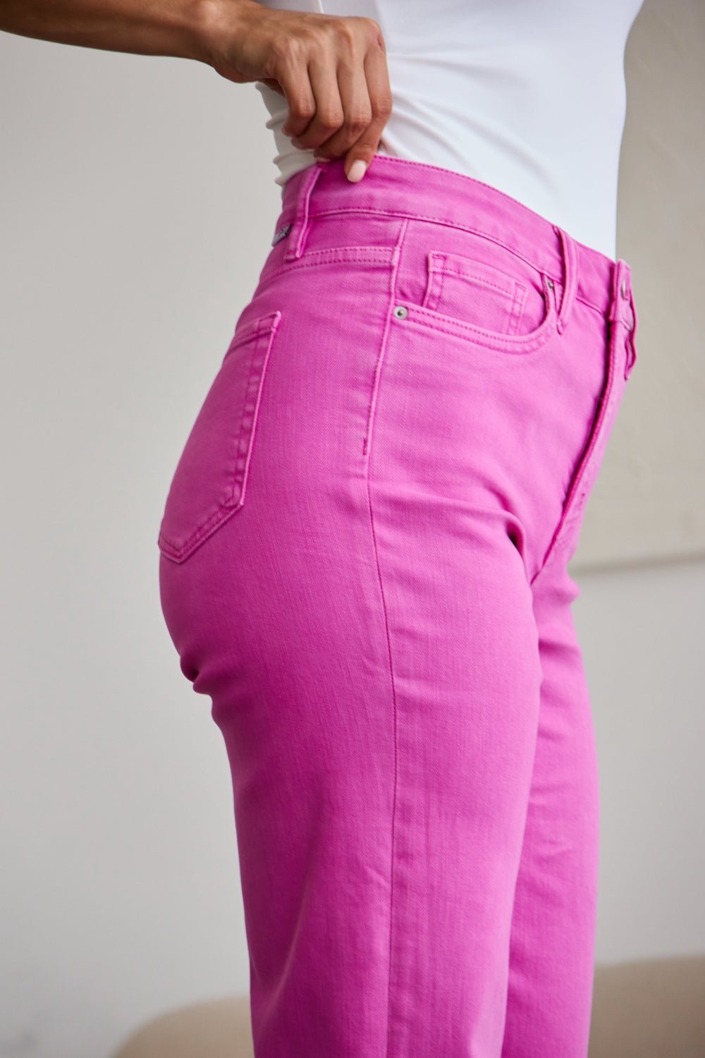 RFM Crop Chloe Full Size Tummy Control High Waist Raw Hem Jeans - Full Size Pants - Pink Rouge - Bella Bourget