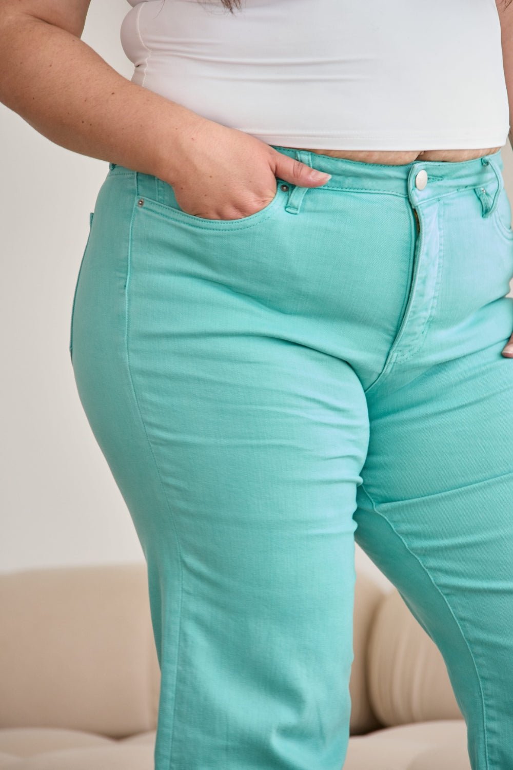 RFM Crop Chloe Full Size Tummy Control High Waist Raw Hem Jeans - Full Size Pants - Island Green - Bella Bourget