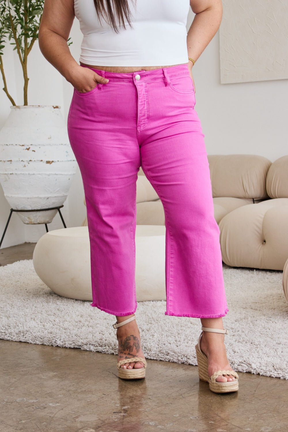 RFM Crop Chloe Full Size Tummy Control High Waist Raw Hem Jeans - Full Size Pants - Pink Rouge - Bella Bourget