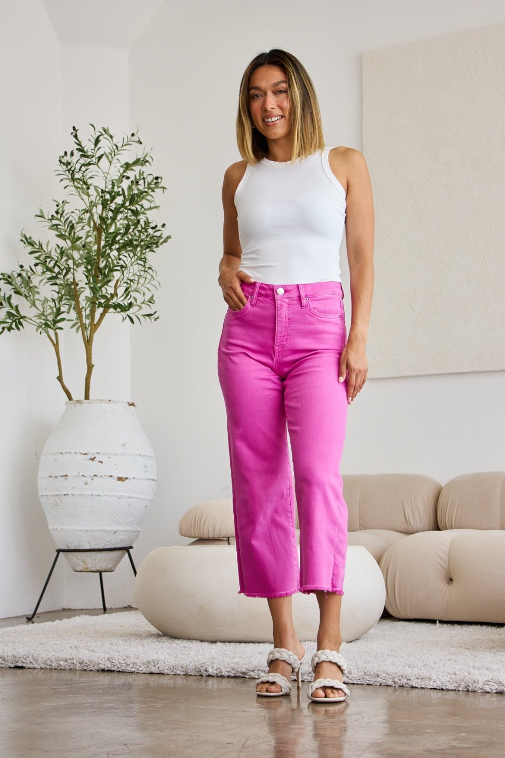 RFM Crop Chloe Full Size Tummy Control High Waist Raw Hem Jeans - Full Size Pants - Pink Rouge - Bella Bourget