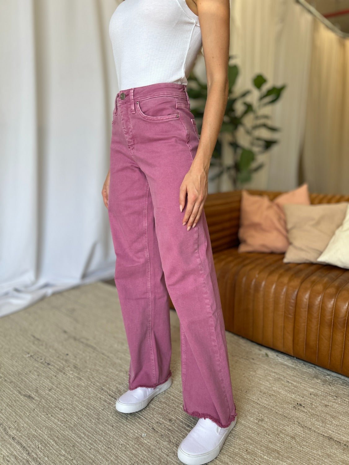 RFM Full Size High Rise Garment Dye Wide Leg Jeans - Full Size Jeans - French Rose - Bella Bourget