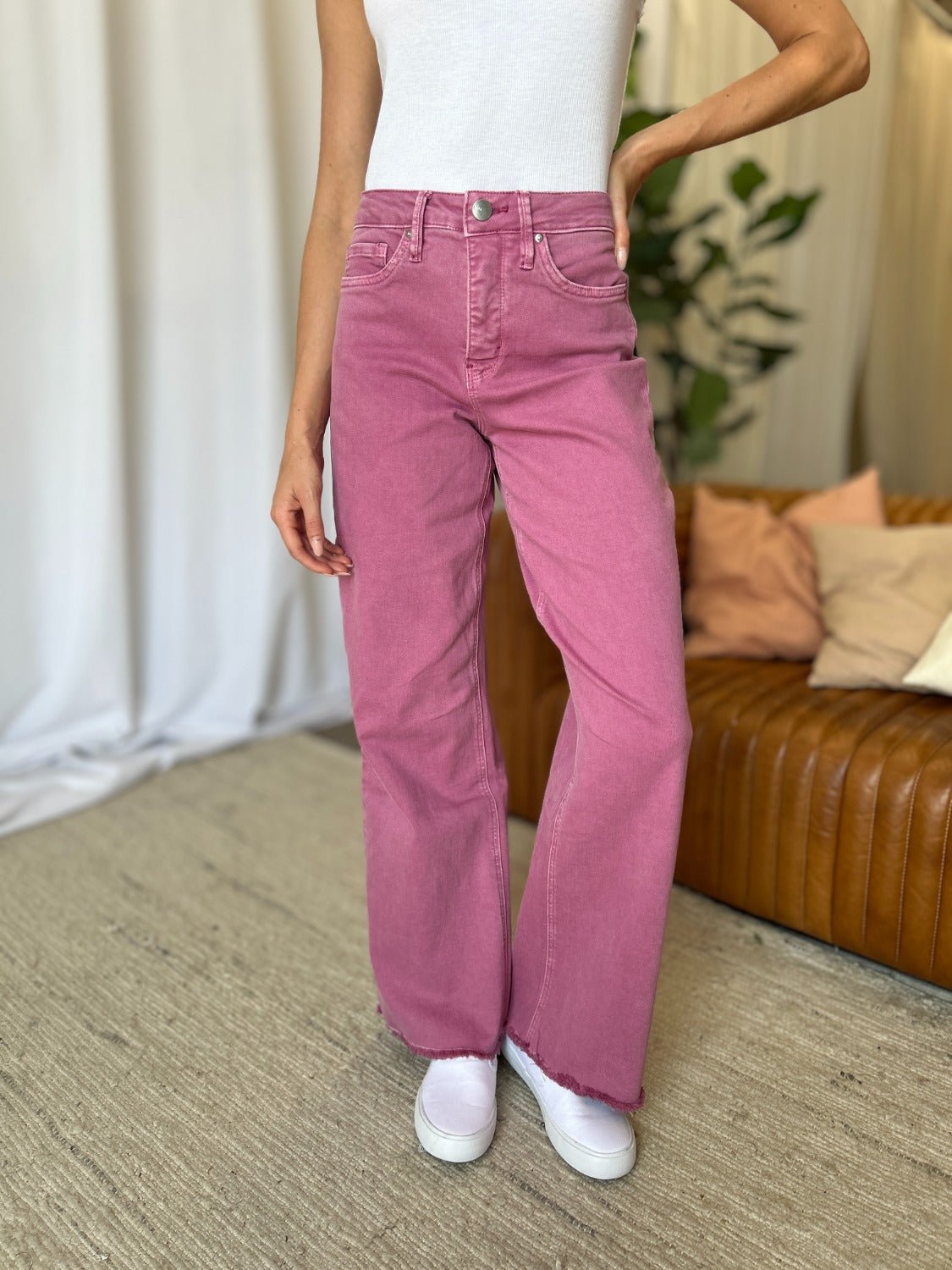 RFM Full Size High Rise Garment Dye Wide Leg Jeans - Full Size Jeans - French Rose - Bella Bourget