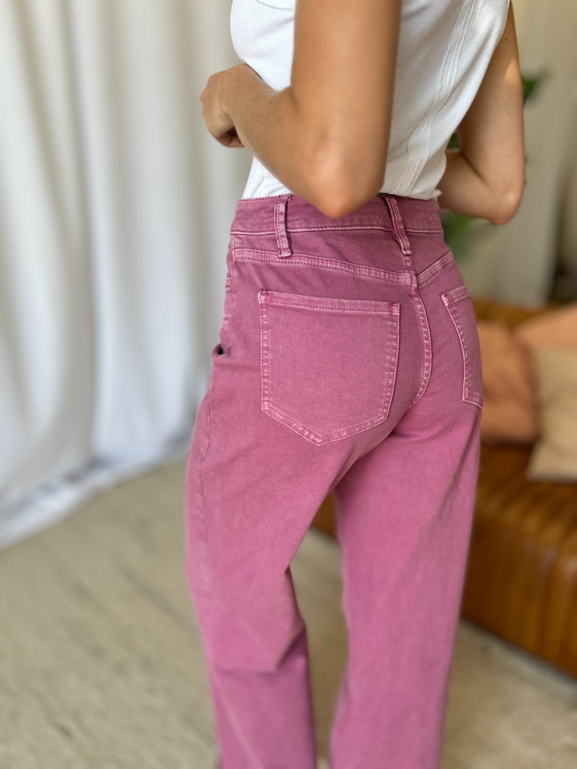 RFM Full Size High Rise Garment Dye Wide Leg Jeans - Full Size Jeans - French Rose - Bella Bourget