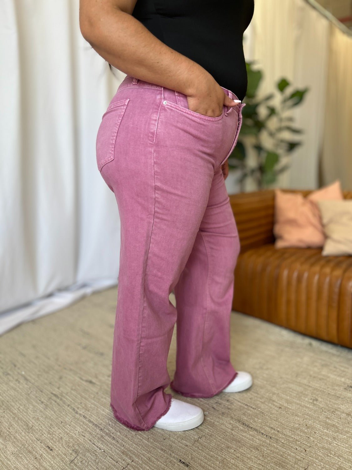 RFM Full Size High Rise Garment Dye Wide Leg Jeans - Full Size Jeans - French Rose - Bella Bourget