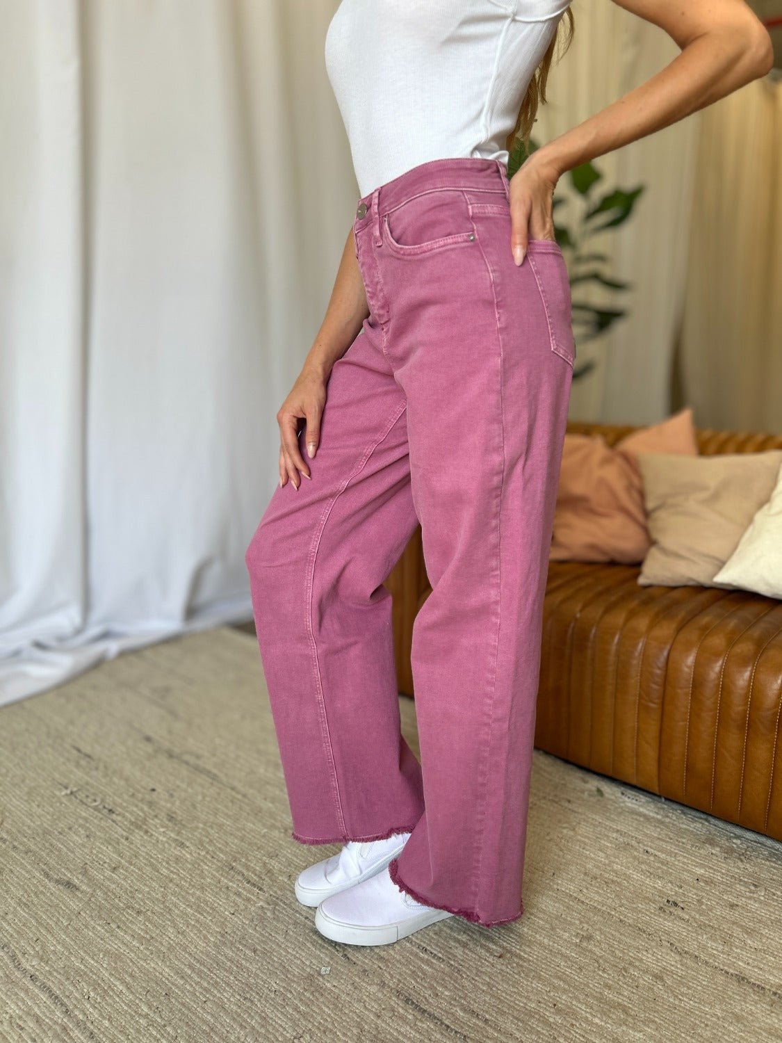 RFM Full Size High Rise Garment Dye Wide Leg Jeans - Full Size Jeans - French Rose - Bella Bourget