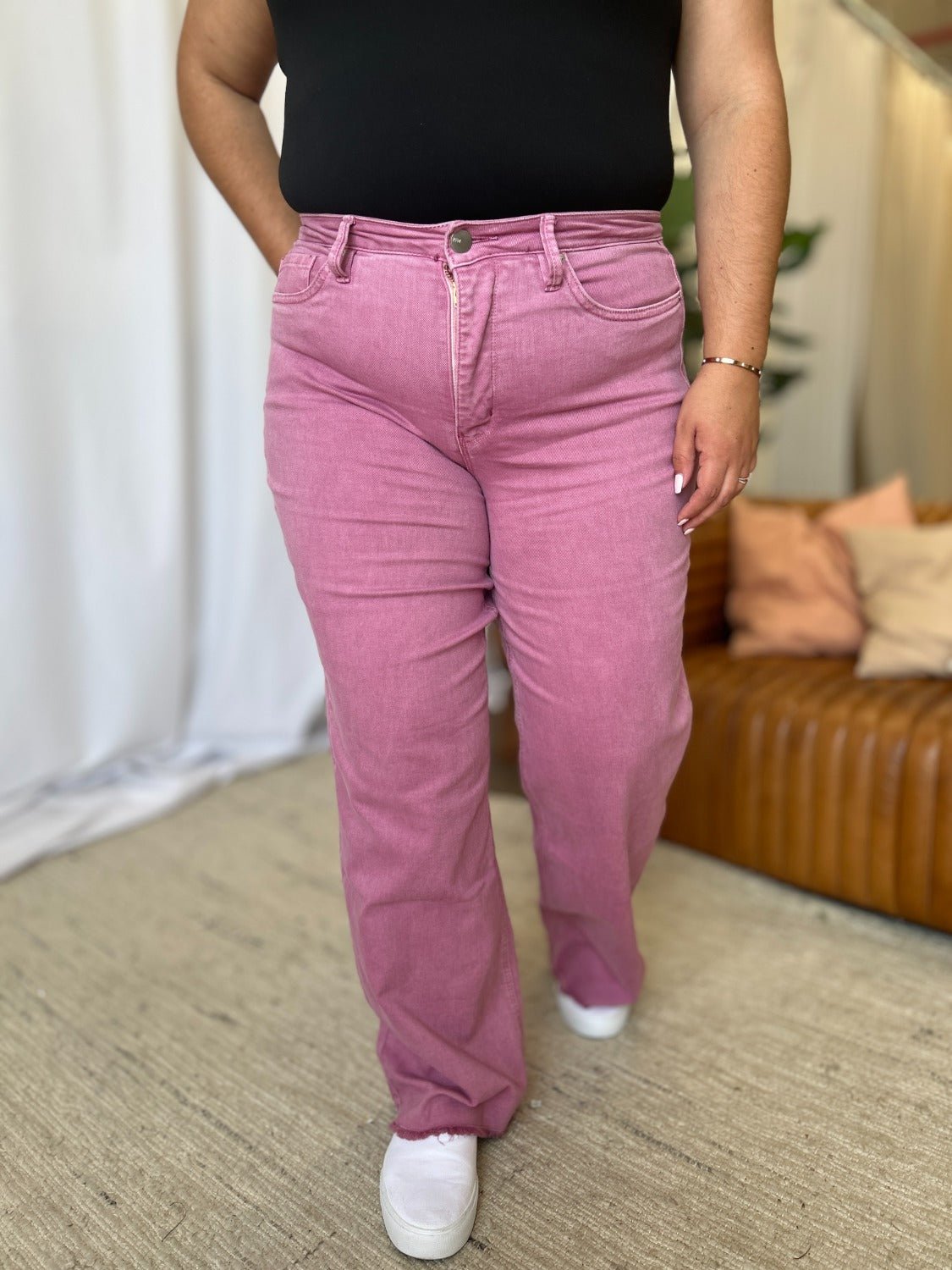 RFM Full Size High Rise Garment Dye Wide Leg Jeans - Full Size Jeans - French Rose - Bella Bourget