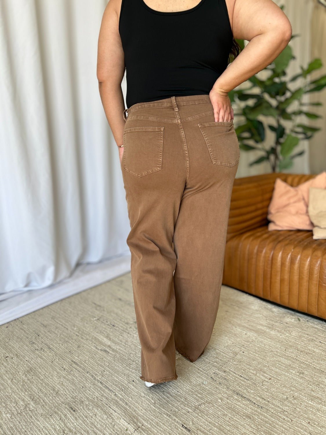 RFM Full Size High Rise Garment Dye Wide Leg Jeans - Jeans - Coffee - Bella Bourget