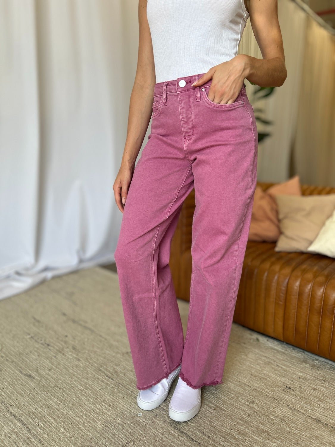 RFM Full Size High Rise Garment Dye Wide Leg Jeans - Full Size Jeans - French Rose - Bella Bourget